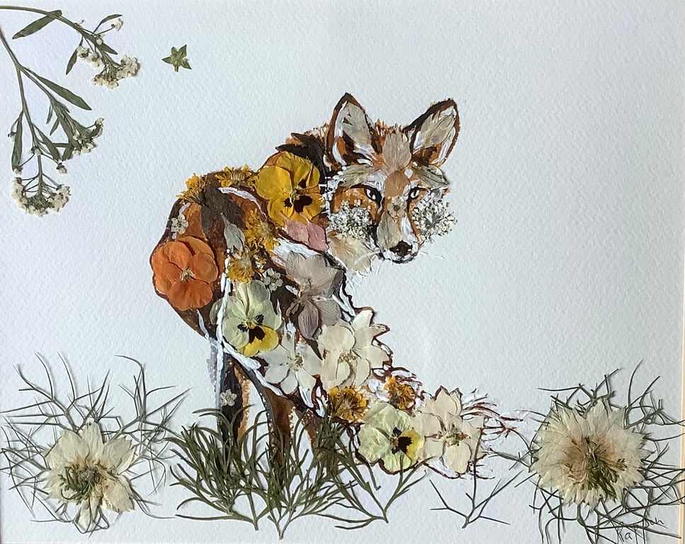 ‘Red Fox’ An Oshibana Flower Fox A5 Greetings Card from an Original Artwork