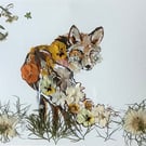 ‘Red Fox’ An Oshibana Flower Fox A5 Greetings Card from an Original Artwork