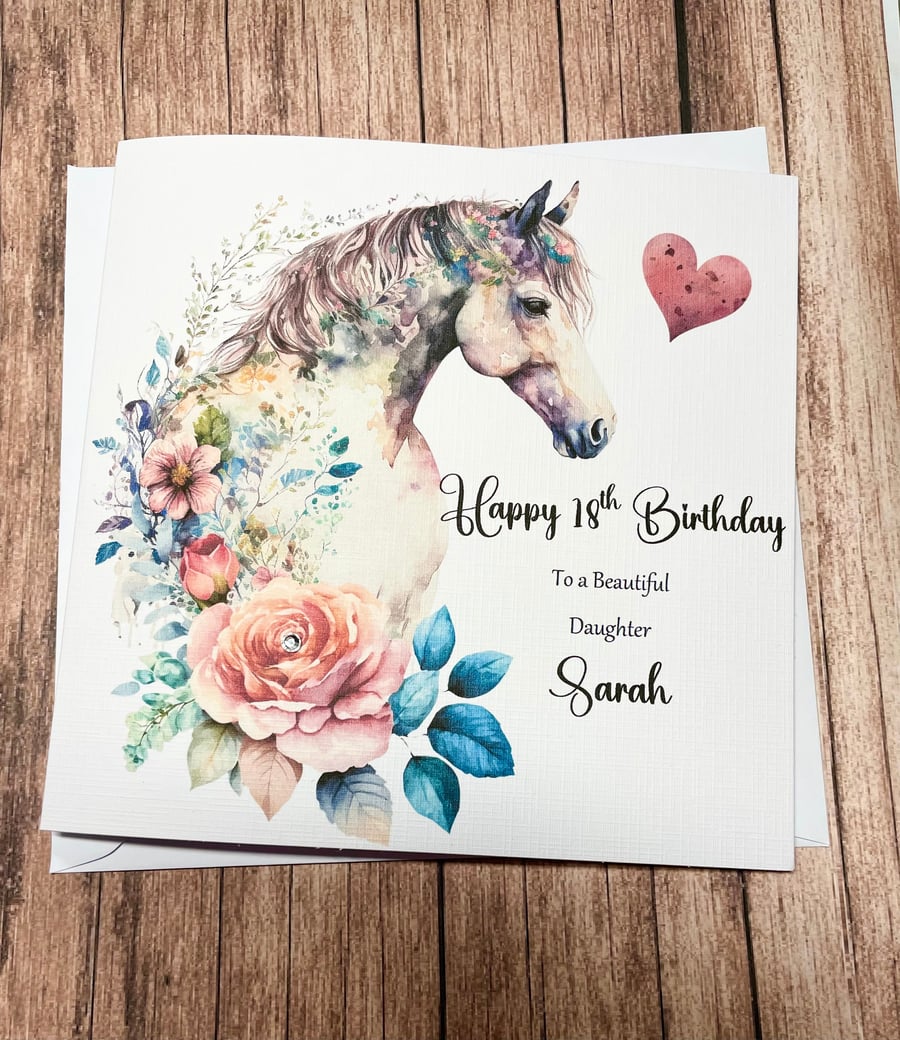 Personalised Horse Birthday Card for Her Floral Equine Gift Handmade