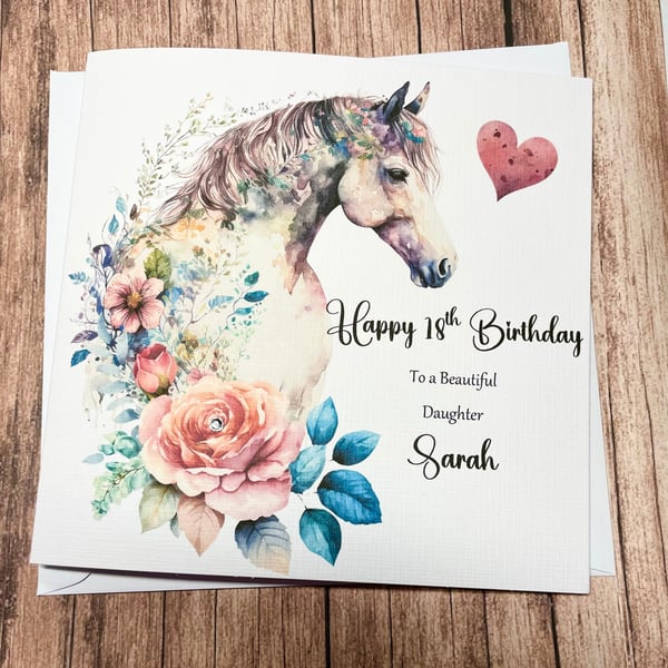 Personalised Horse Birthday Card for Her Floral Equine Gift Handmade