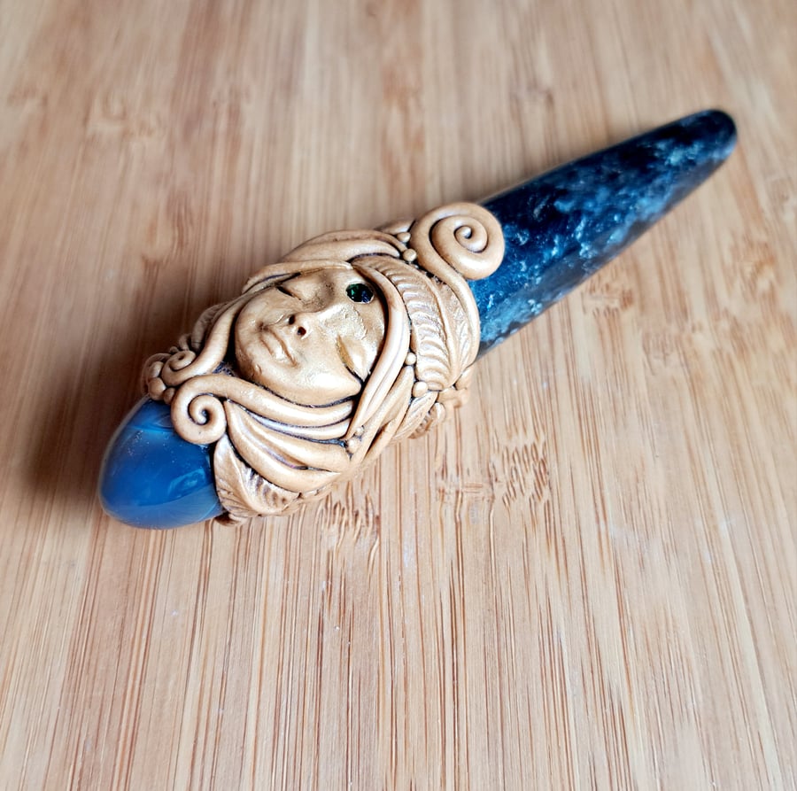 Astrophyllite, Grey Agate Crystal and Polymer Clay Goddess Wand