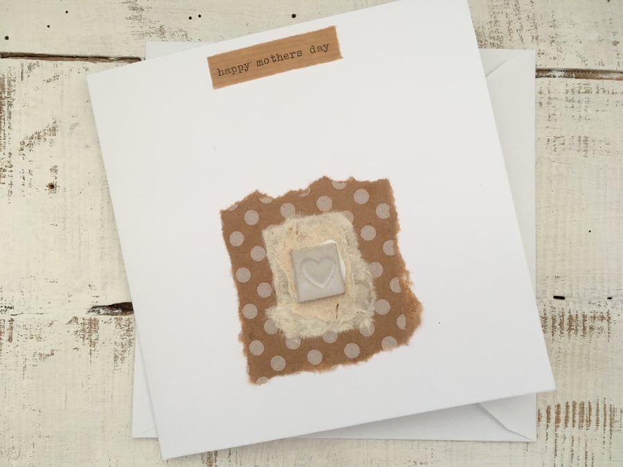Happy Mothers day card, hand made with attached ceramic Love heart