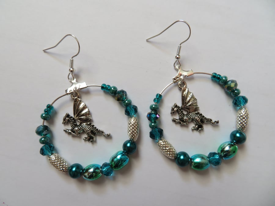 Teal Emerald Green & Silver Dragon Fantasy Beaded Retro Hoop Earrings