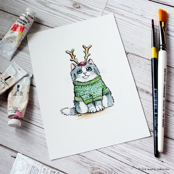 Feline Festive Cat Illustration Watercolour and Ink - Green Christmas Jumper