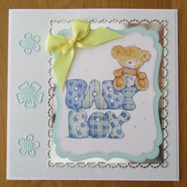 Baby Boy Words & Bear - 7x7" New Baby Card