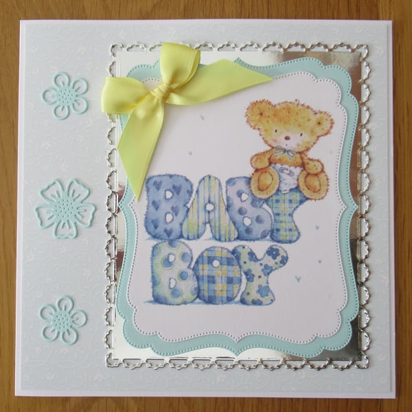 Baby Boy Words & Bear - 7x7" New Baby Card