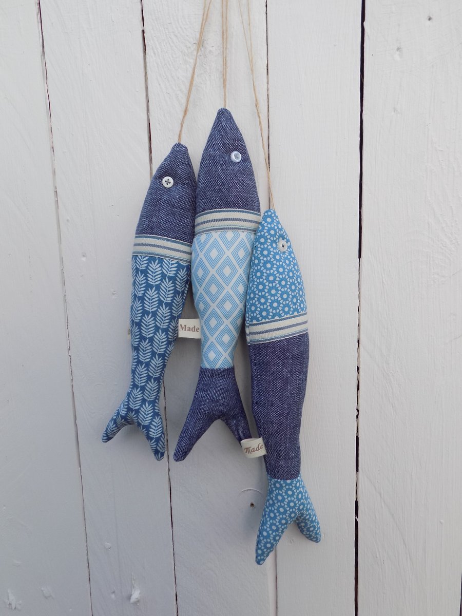 Set of 3 Hanging Fish Decorations Handmade in Lovely Contemporary Fabrics
