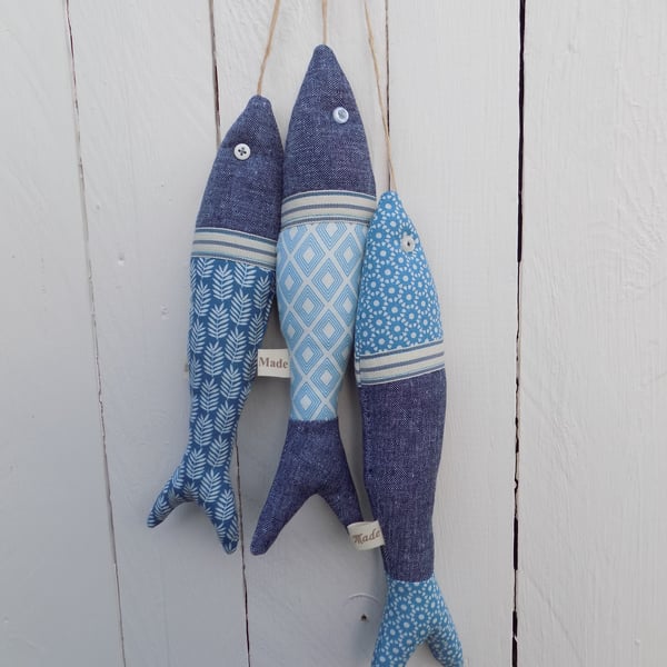 Set of 3 Hanging Fish Decorations Handmade in Lovely Contemporary Fabrics