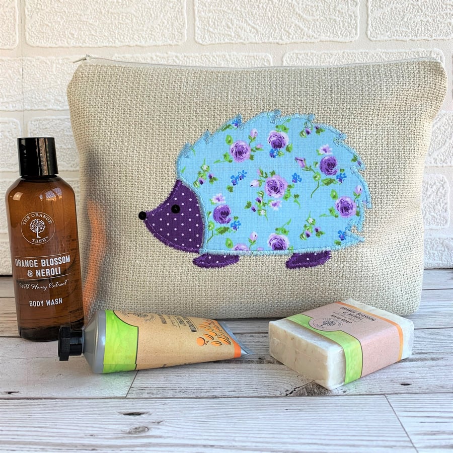 Hedgehog toiletry bag, wash bag with blue and purple floral hedgehog