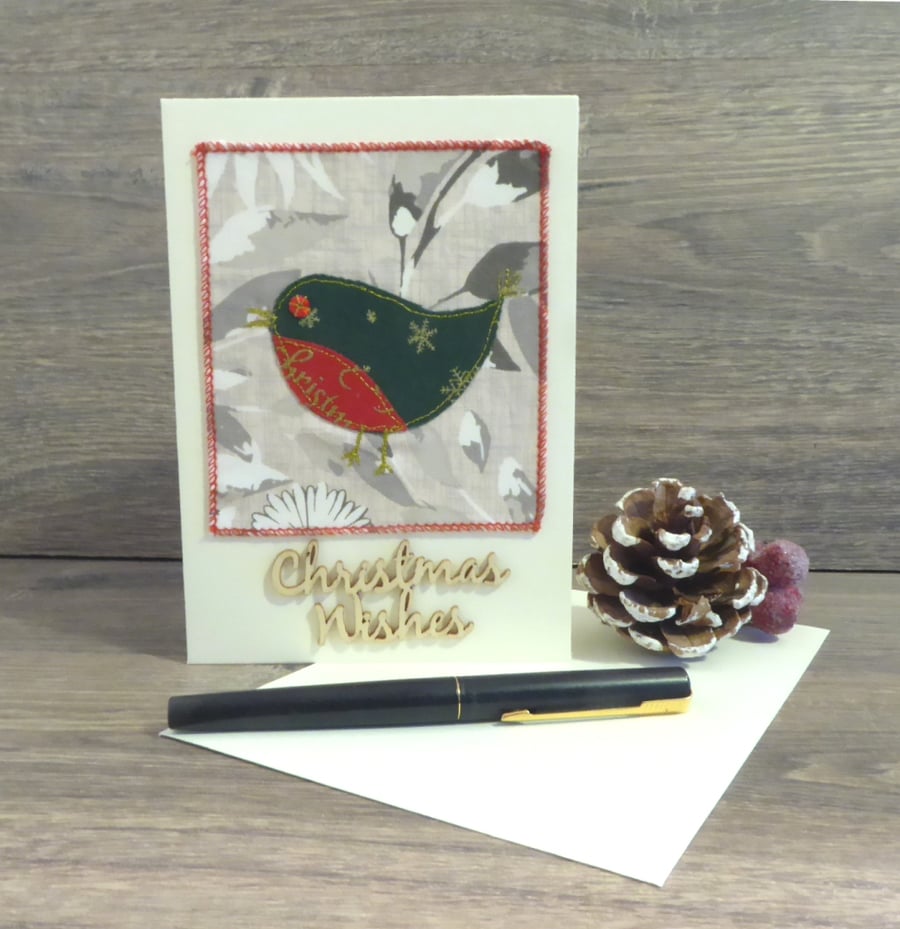 ROBIN CHRISMAS WISHES - Textile Christmas Card