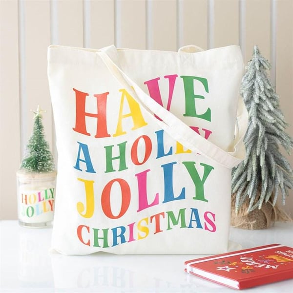 Have a Holly Jolly Christmas Tote Bag Rainbow Bright Shopper Retro Festive Gift 
