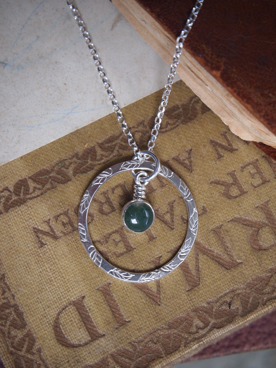 Silver ring pendant, green moss agate necklace pendant