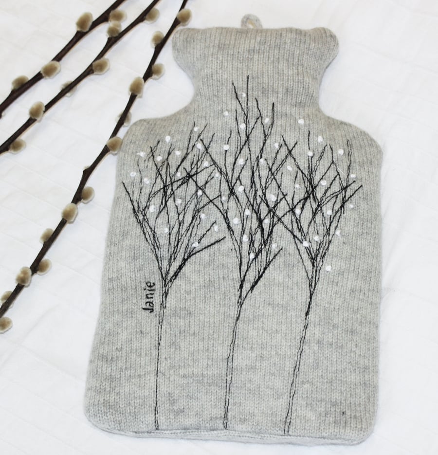 Treeline embroidered Pale Grey merino wool 1 litre hot water bottle