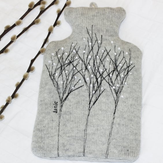 Treeline embroidered Pale Grey merino wool 1 litre hot water bottle