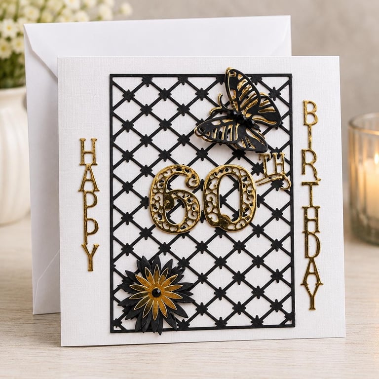 Personalised 60th Birthday Card Handmade 3D Butterfly Luxury Black Gold
