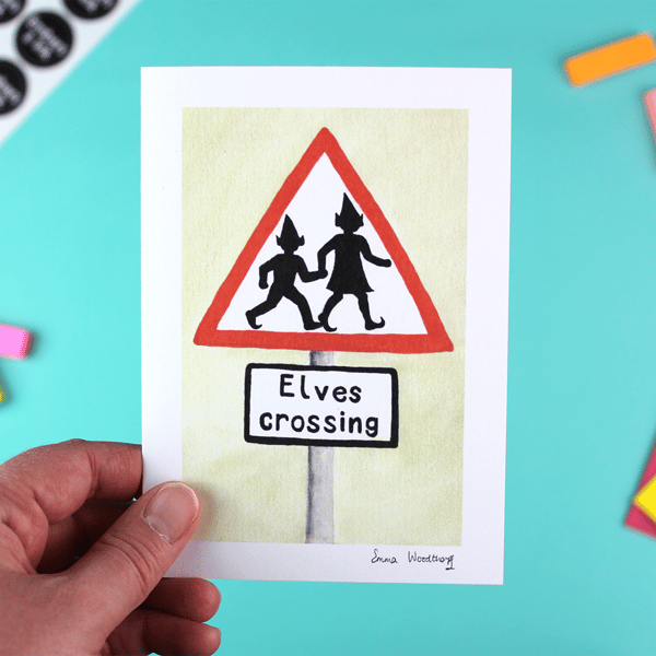 'Elves Crossing' Roadsign Christmas Card with envelope