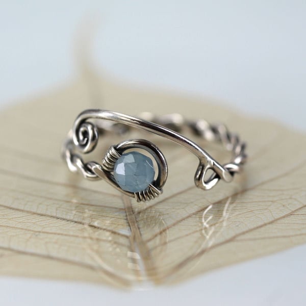Aquamarine Silver Ring Adjustable Sterling Twist Milky Gemstone Bead