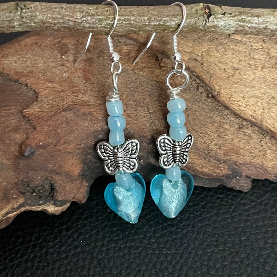 Blue Heart  Butterfly Earrings