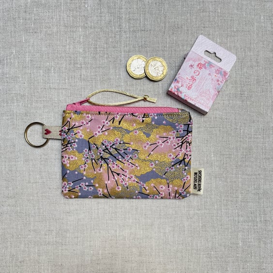 Coin Purse, Zippered Pouch, Lilac Flowers Japanese Fabric