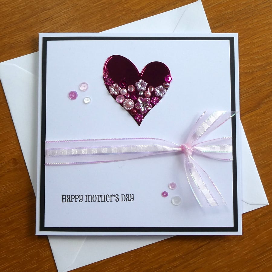 Embellished Heart Mother's Day Card - Pink