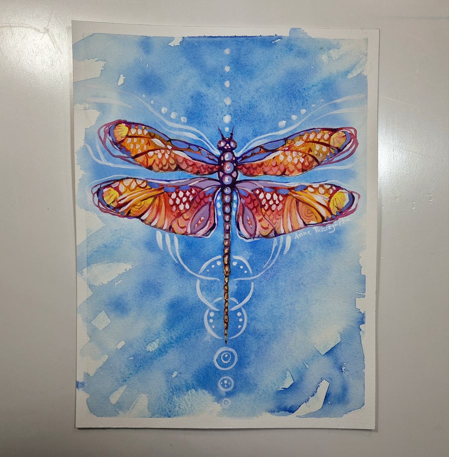 Watercolour & Gouache Painting, Magical Dragonfly, Nature Art, Wall Art