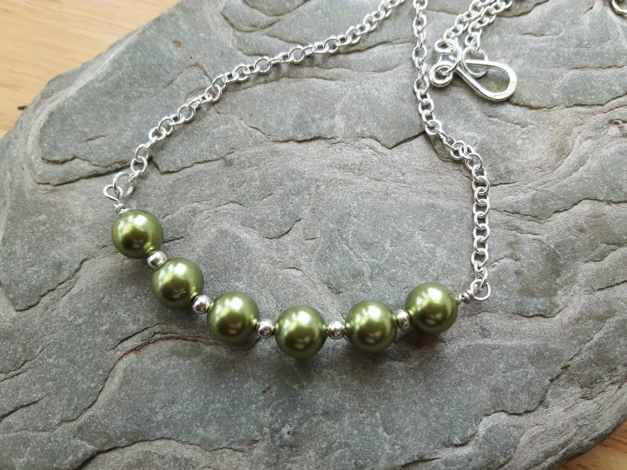 SALE -  Sterling Silver Necklace with Light Green Swarovski® Pearls