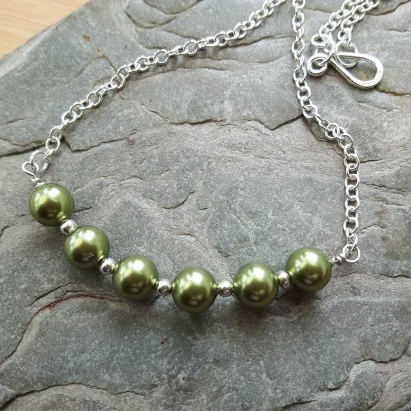 SALE -  Sterling Silver Necklace with Light Green Swarovski® Pearls