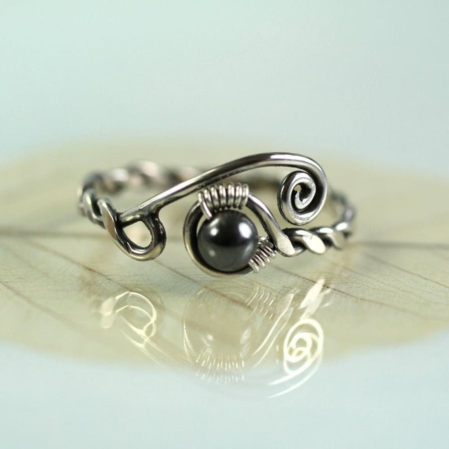 Silver Twist Ring with Haematite Gemstone Viking Rustic Style, Wire wrap