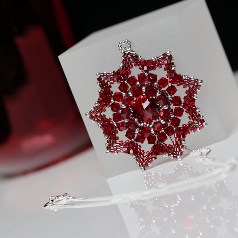 Beaded Deep Red Crystal Star Pendant