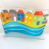 Fused glass stand up wave - coastal houses 