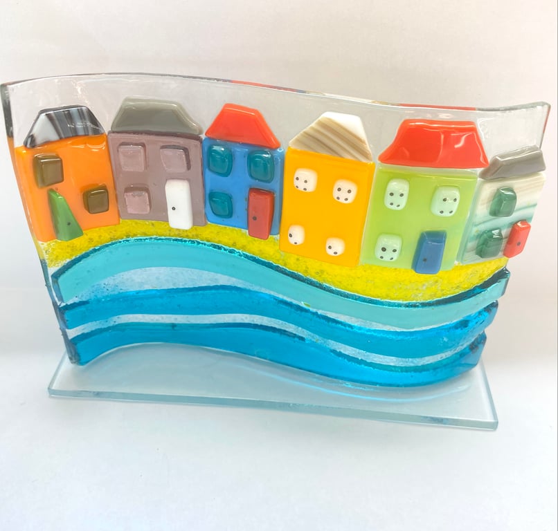 Fused glass stand up wave - coastal houses 