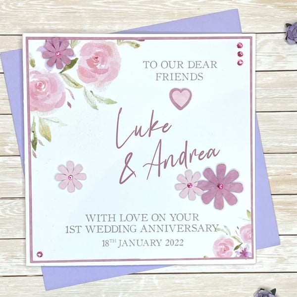 Handmade Personalised Pink Roses Anniversary Ca... - Folksy