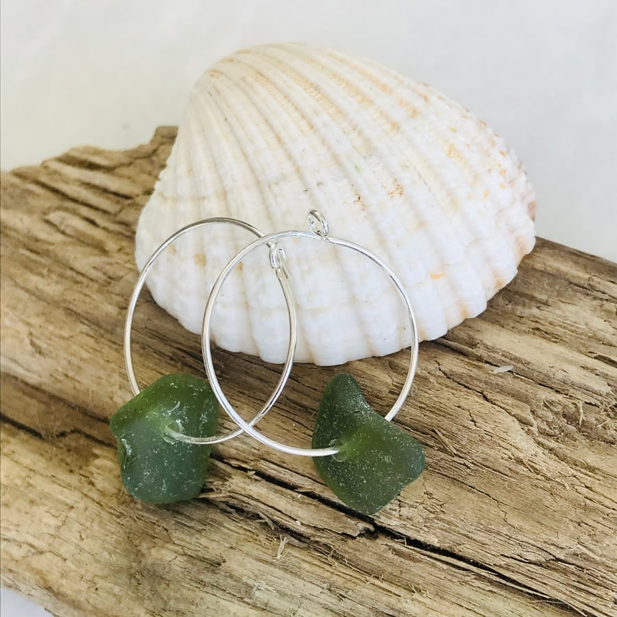 Sterling silver and olive green sea glass 20mm hoop earrings 