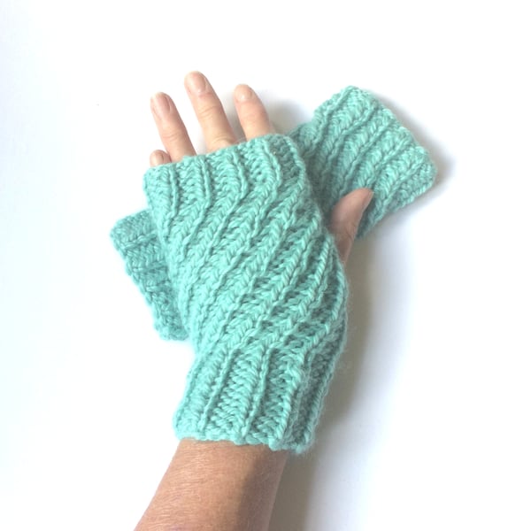 Duck Egg blue hand knit fingerless gloves