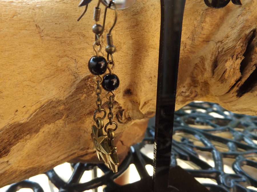 All seeing eye bronze charm dangle earrings with black obsidian