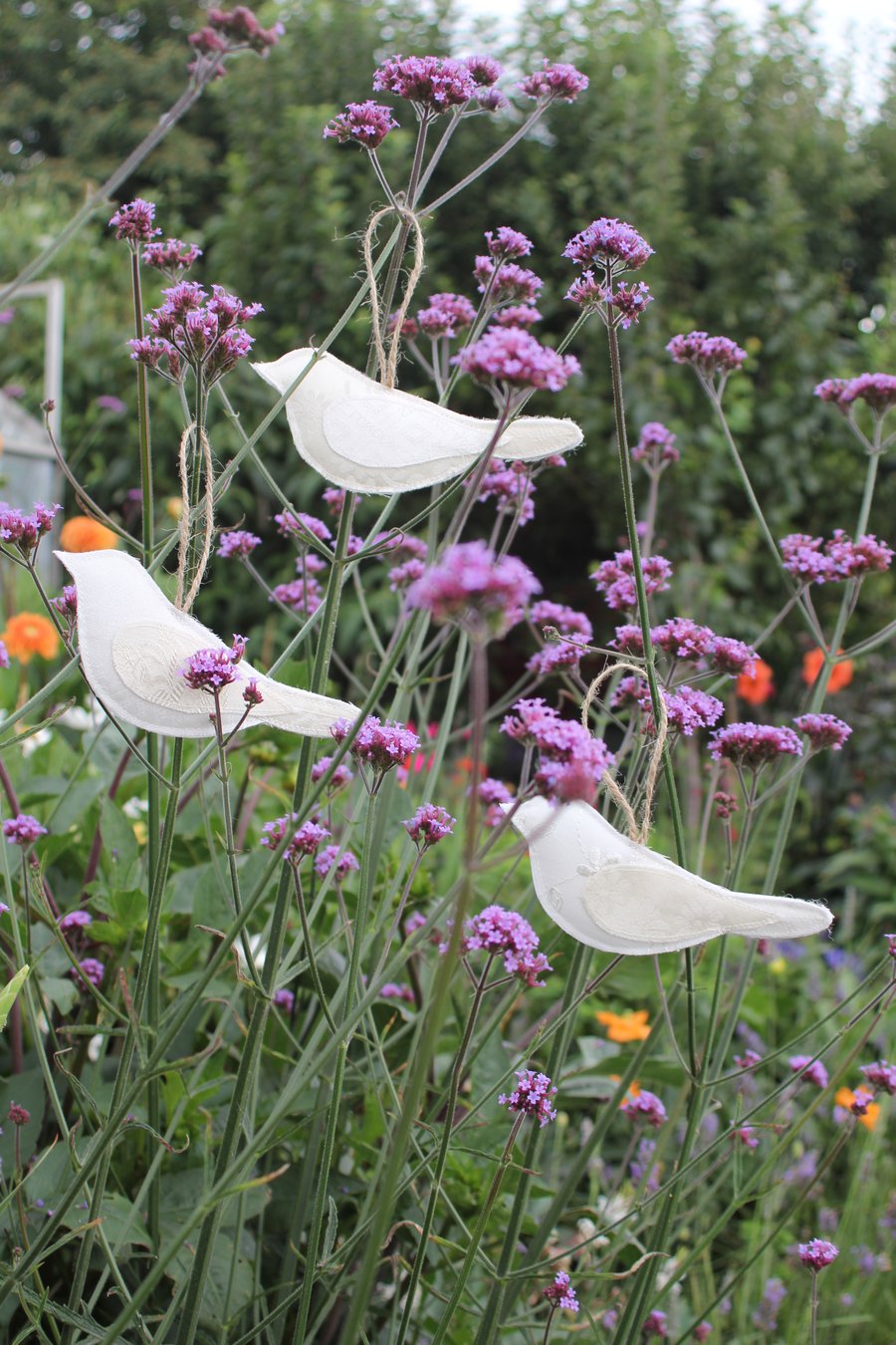 Fabric bird trio made from recycled wedding dress fabric