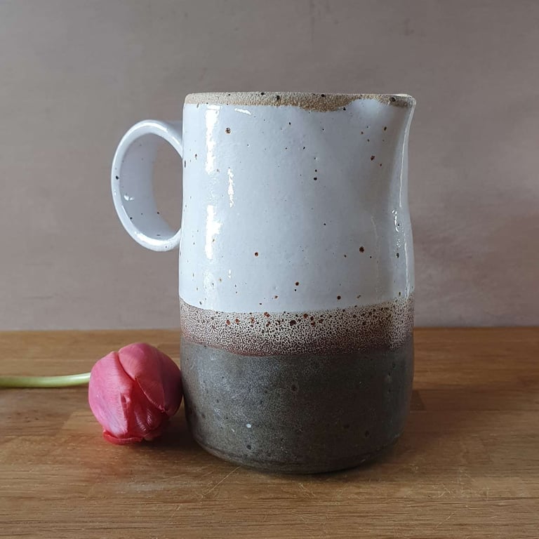 Wheel thrown Ceramic Jug, in brown and white with loop handle 
