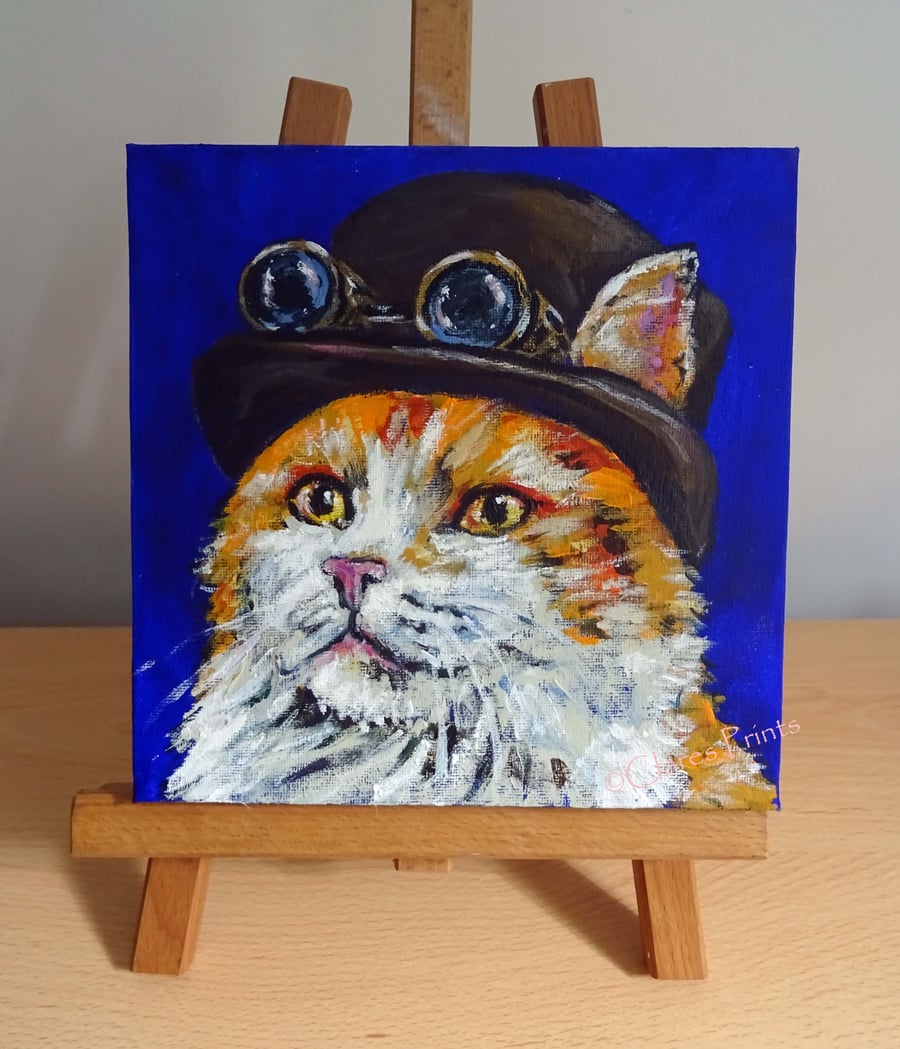 Steampunk Cat Ginger Art Original Acrylic Painting on Canvas OOAK Retro 