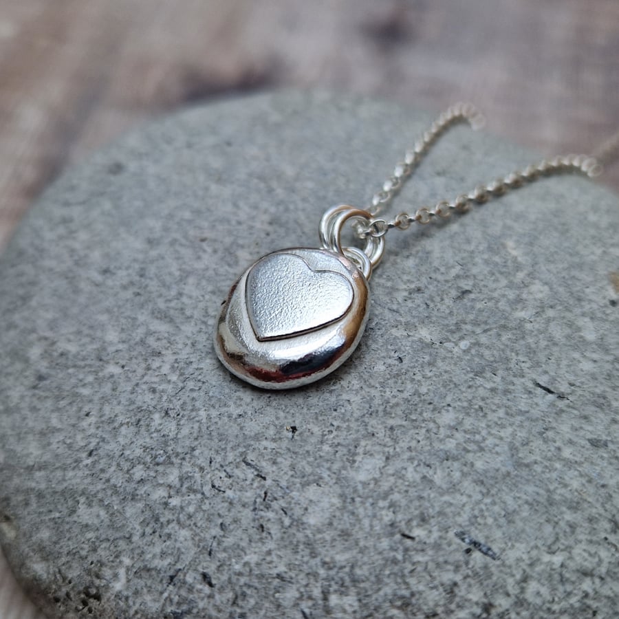 Sterling Silver Pebble Necklace Pendant with Silver Heart