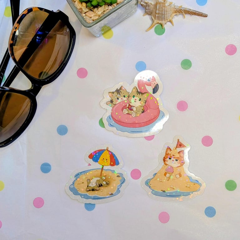 Holographic Beach Cat Stickers, Summer Kitten Decals, Vinyl Laptop Water Bottle 