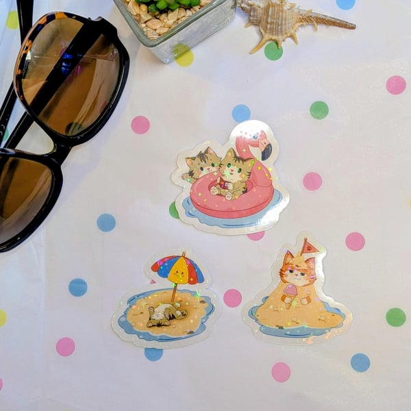 Holographic Beach Cat Stickers, Summer Kitten Decals, Vinyl Laptop Water Bottle 