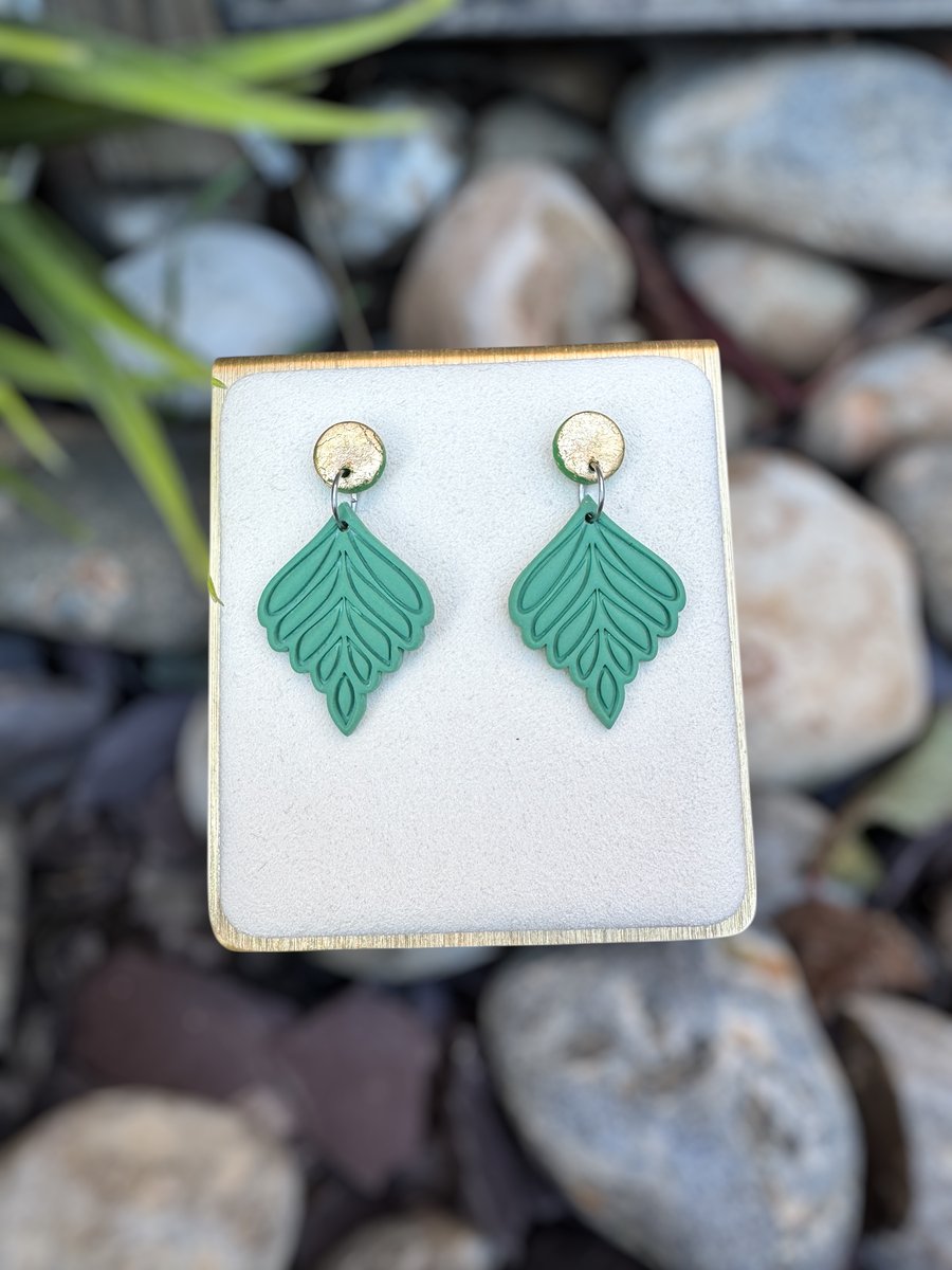 Sage Green and Gold Ornate Leaf Polymer clay Earrings