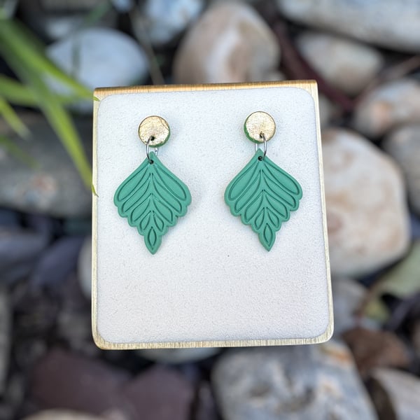 Sage Green and Gold Ornate Leaf Polymer clay Earrings