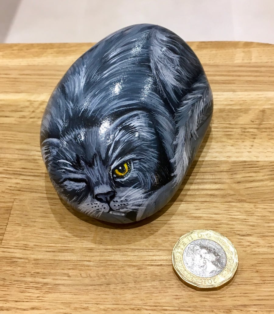 Cat hand painted pebble garden rock art pet Portrait stone 