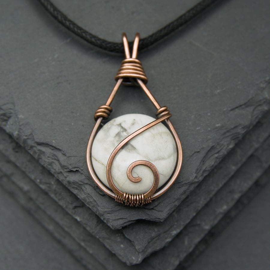 Copper Wire Wrapped Spiral Pendant with White Howlite