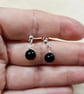 Tiny Obsidian french ball drop stud earrings. 925 sterling silver - Image 2
