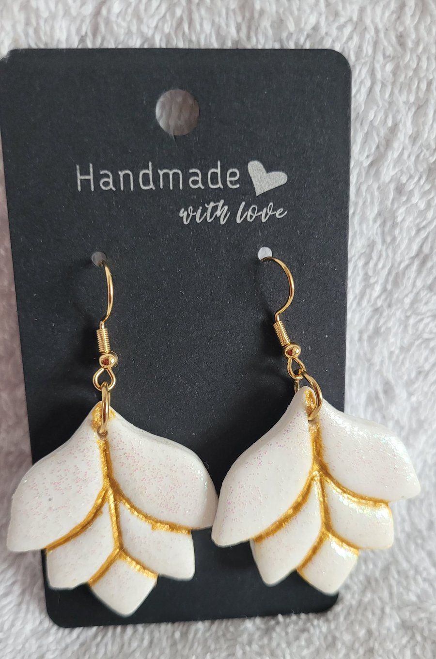 Handmade Polymer Clay White Gold Glitter Leaf Earrings, 316 Stainless Steel