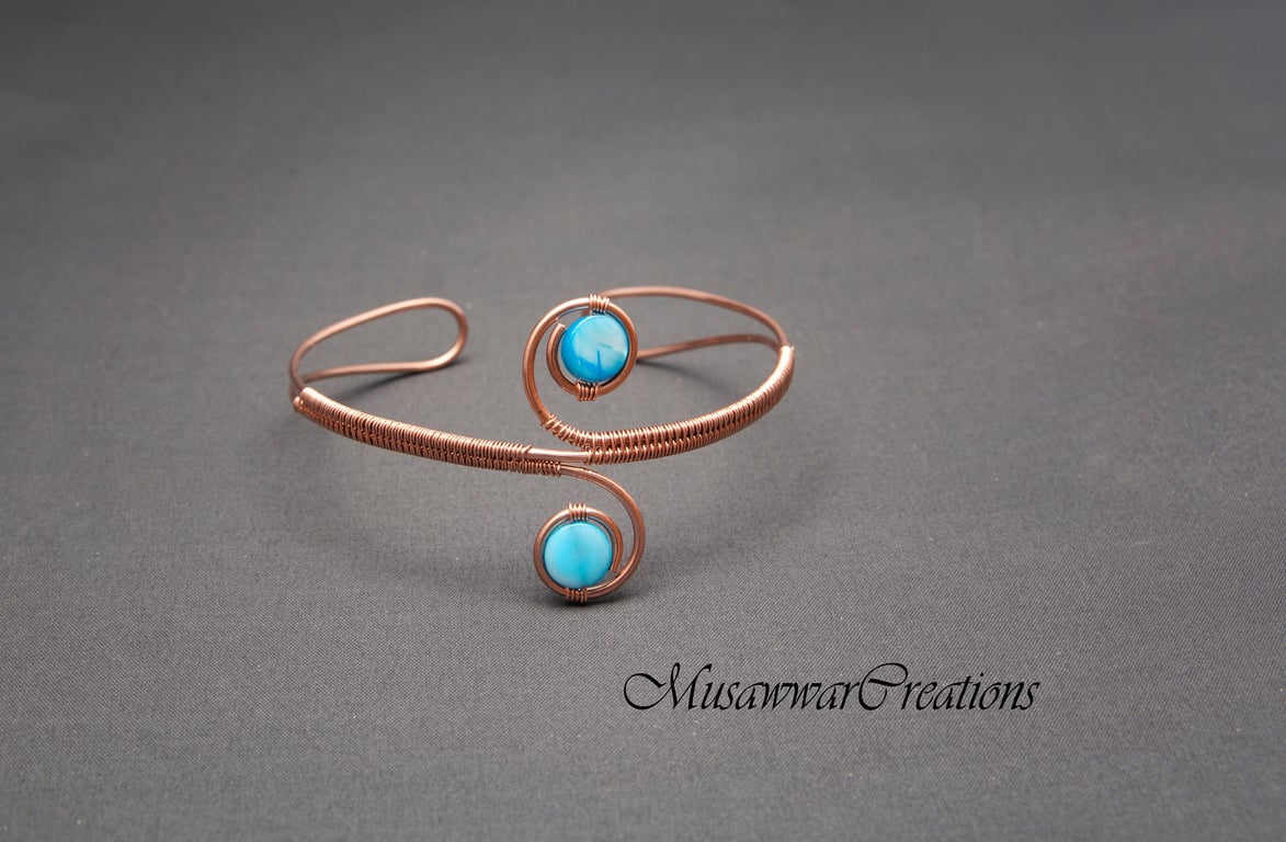 Boho Copper Armlet with Blue Coined Shell Pearls – Handmade Upper Arm Cuff