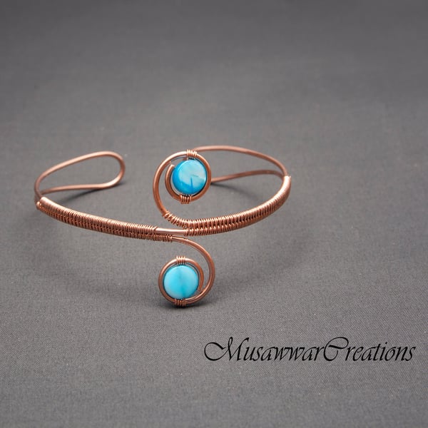 CopperSilver arm cuff, coined blue shell pearls spiral design upper arm cuff, 