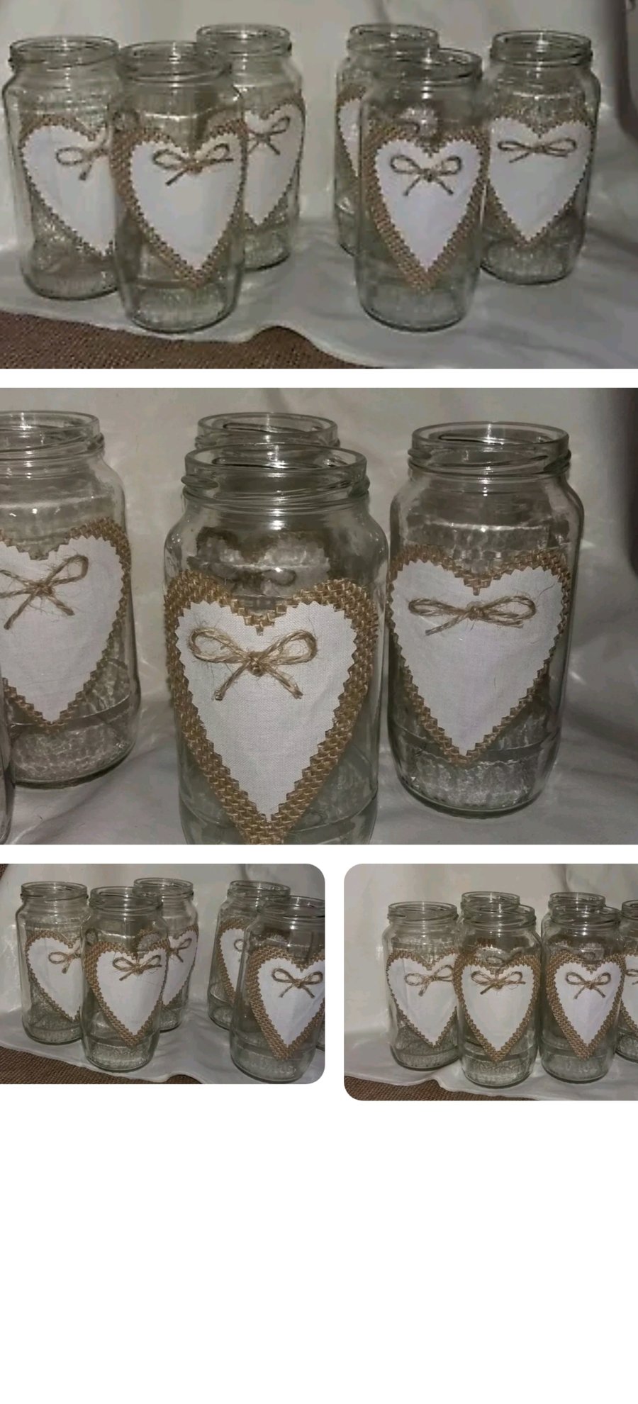 6 wedding table decorations Hessian and Ivory heart and simple jute bow 